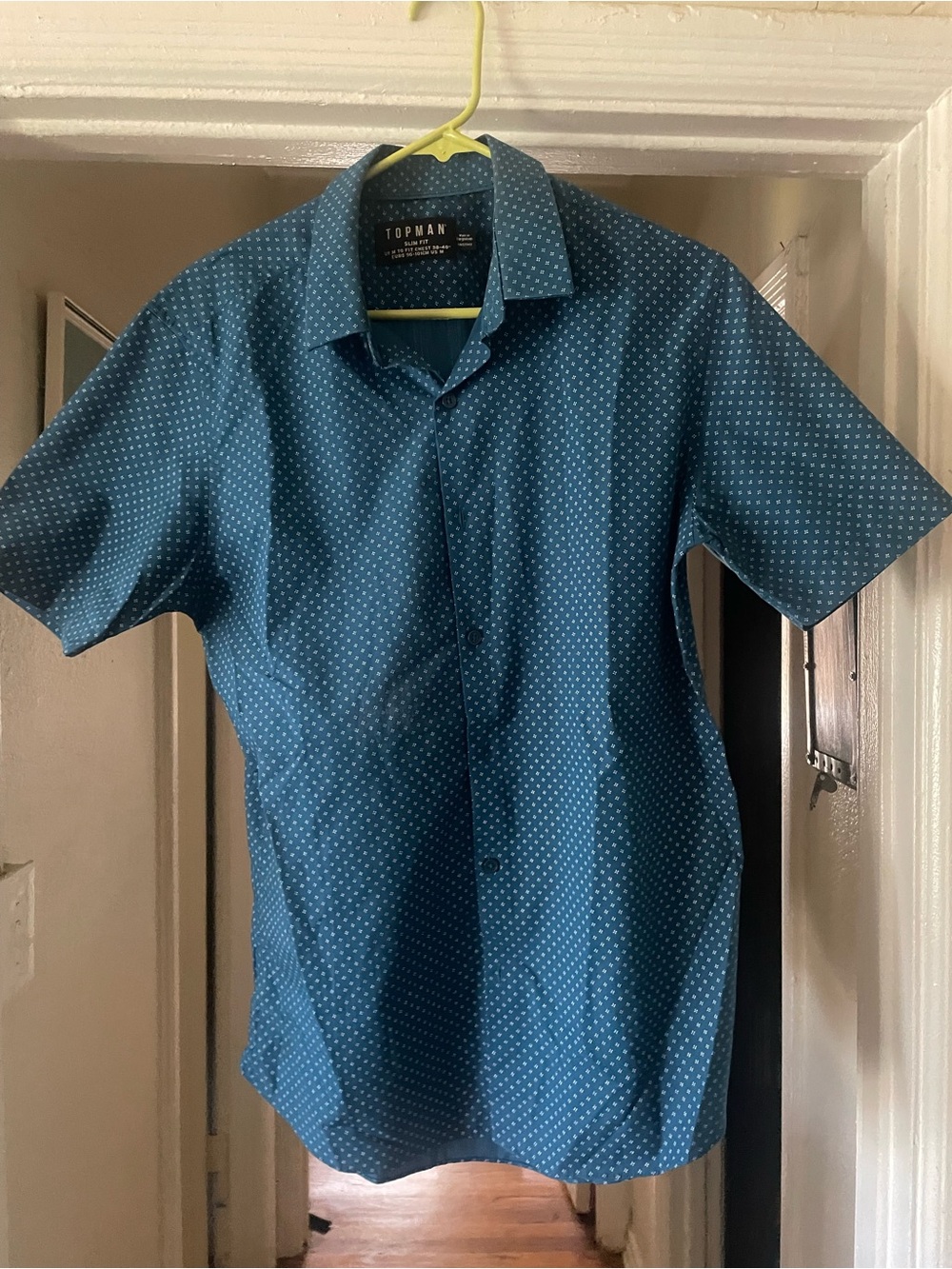 Topman Teal Blue Short Sleeve Dot Print Button-Down Shirt